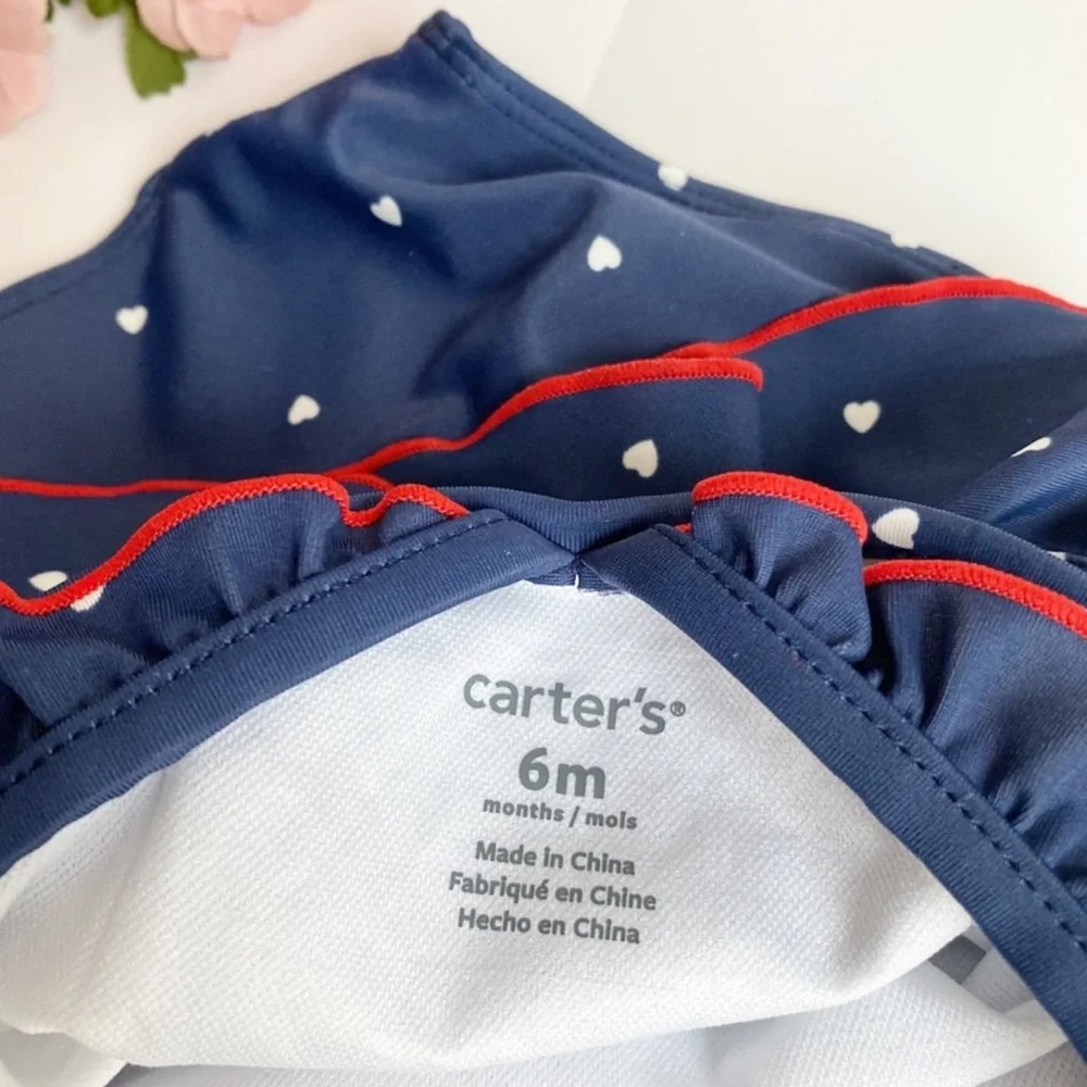 Carter's Navy Blue/ White Heart Dots Ruffle One Piece Swimsuit